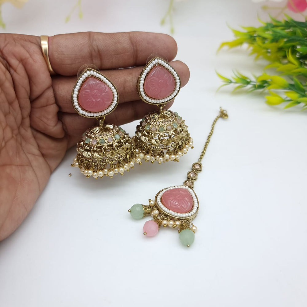 JCM Festive Pota Stone And Pearl Jhumki Earrings With Maangtikka