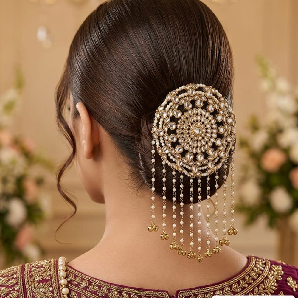 JCM Kundan Stone And Pearl Ghungroo Statement Hair Accessories