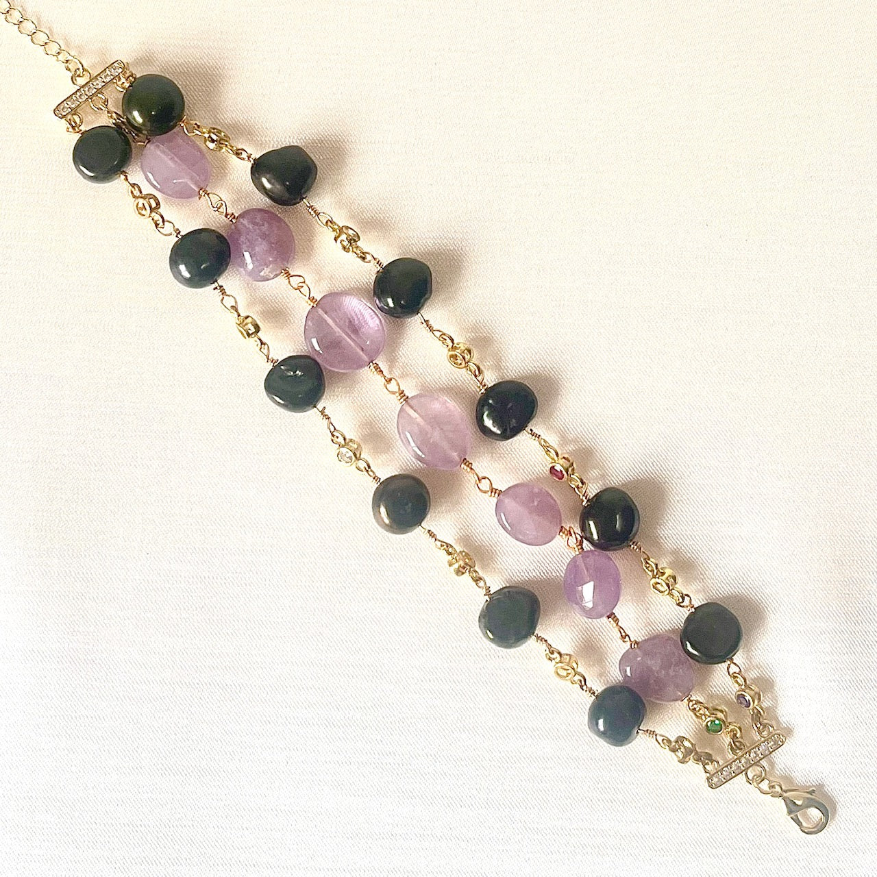 Jewel Treatzz 3 Line Amethyst & Enameld Pearls Gold Plated Bracelet