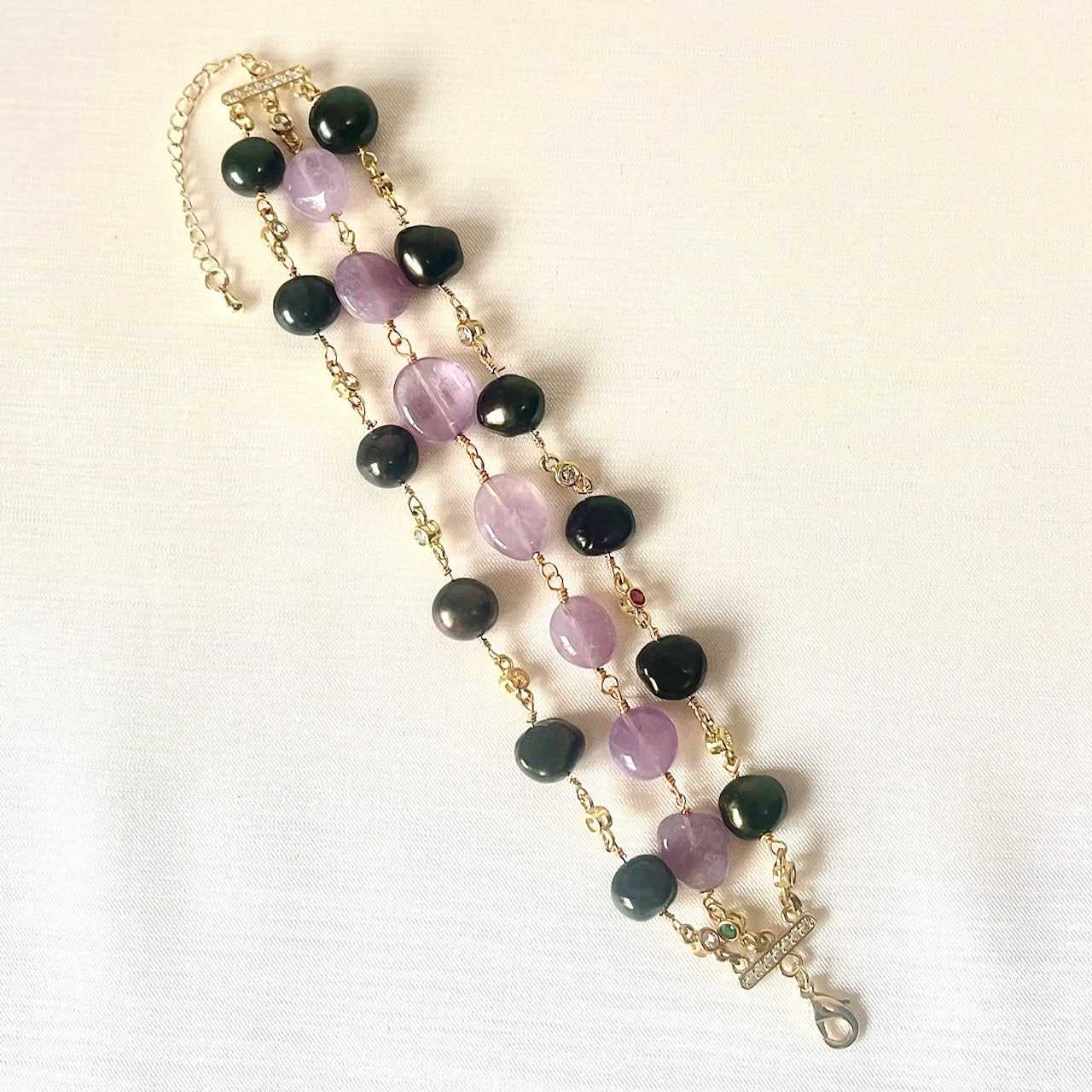 Jewel Treatzz 3 Line Amethyst & Enameld Pearls Gold Plated Bracelet