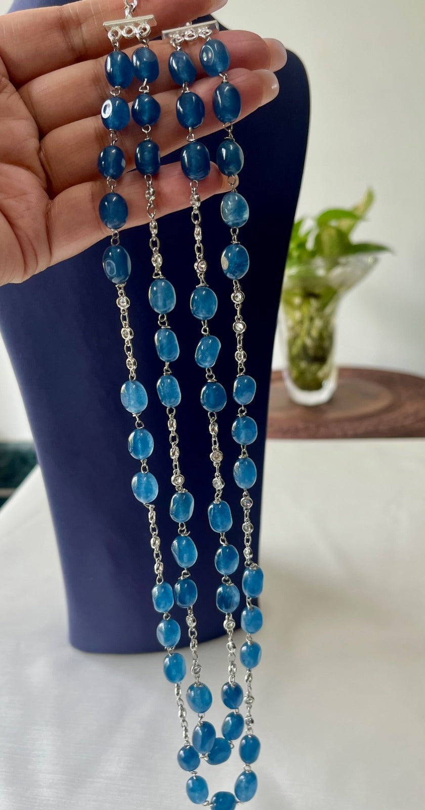 Jewel Treatzz Blue Aventurine Rhodium Finished CZ Layered Necklace