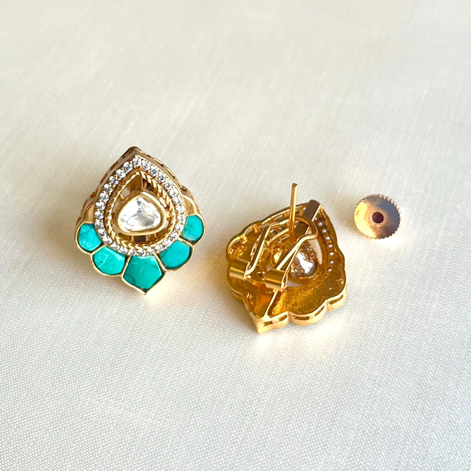 Jewel Treatzz Floral Stud Earrings Gold Plated With Blue Tuquoise , Triangluar Shaped Uncut Polki Kundan Stone Bordered With CZ Stone