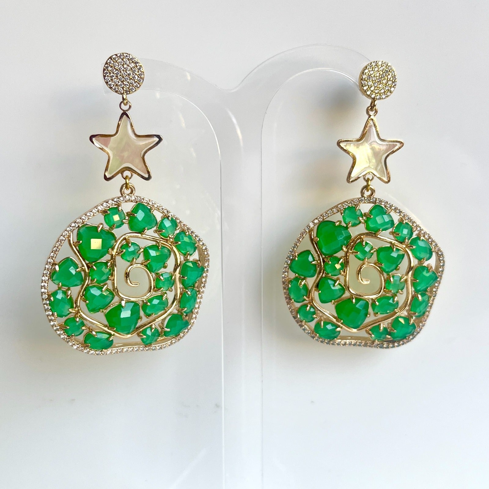 Jewel Treatzz Irregular Shaped Emerald Doublet Stone, Mother Of Pearl Star And CZ Stone Gold Plated Chandlelier Earrings