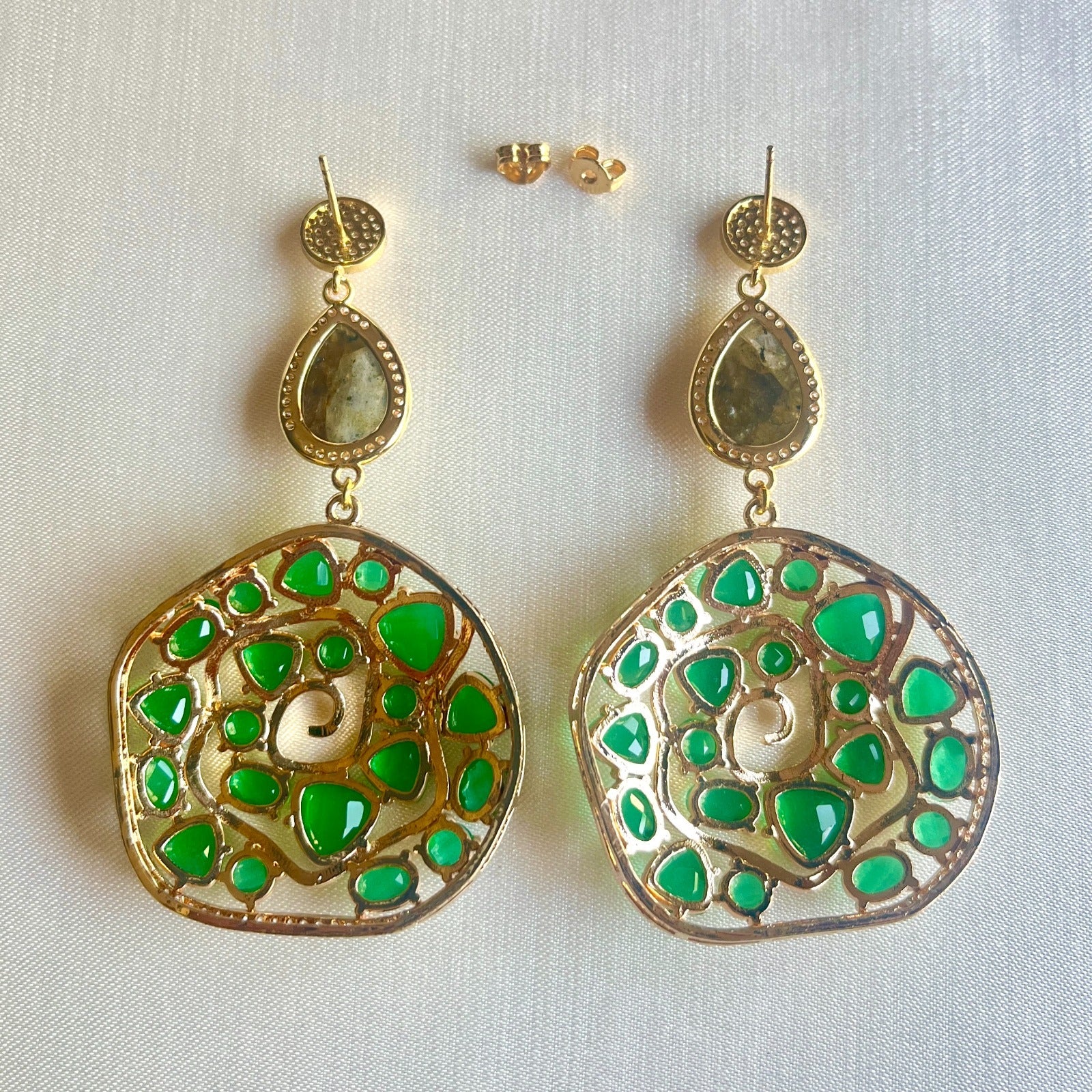 Jewel Treatzz Irregular Shaped Green Doublet Stone Pear, Shapes Labradorite And CZ Stone Gold Plated Chandelier Earrings