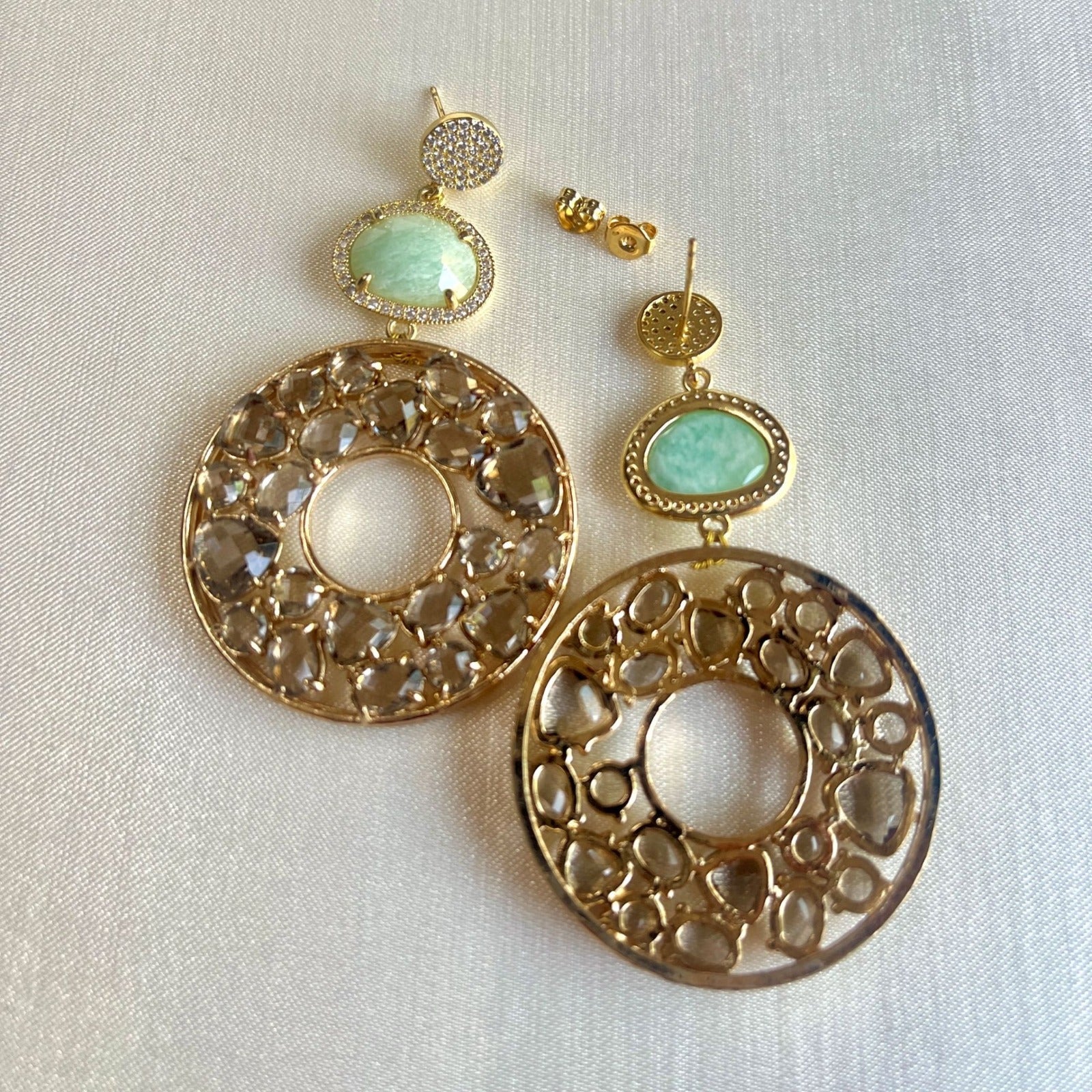 Jewel Treatzz Irregular Shaped Red Doublet Stone, Pear Shaped Labradorite And CZ Stone Gold Plated Chandelier Earrings