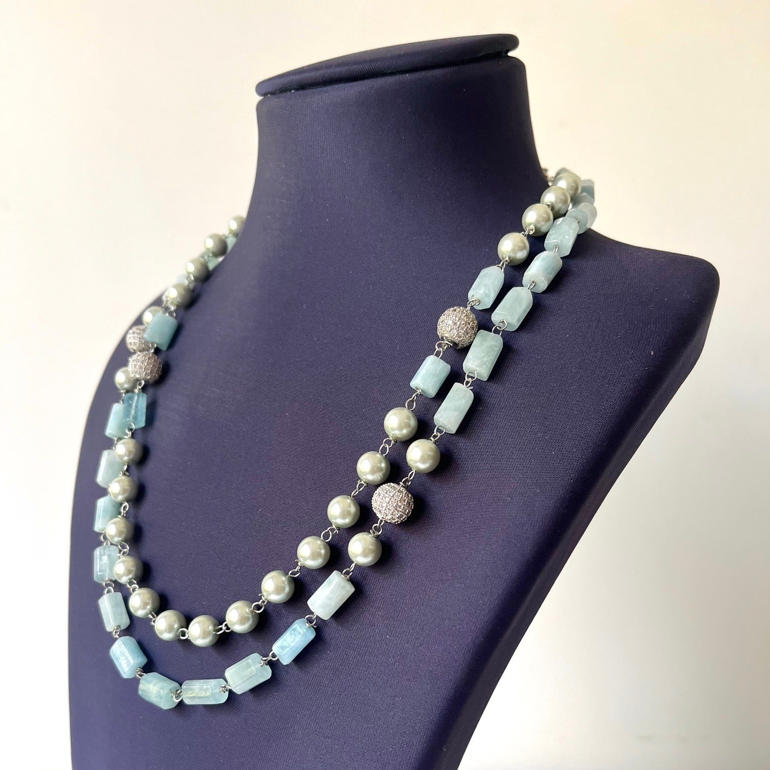 Jewel Treatzz Layered Necklace With Aqua Agates Sliver Pearls & Daimond Balls