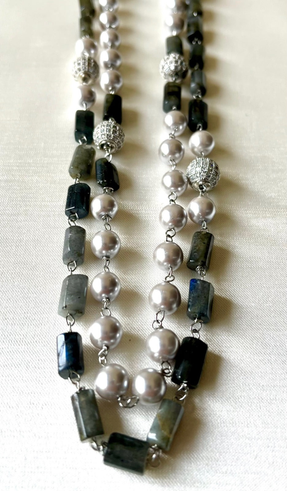 Jewel Treatzz Layered Necklace With Balck Agetes, Silver Pearls & Daimond Balls