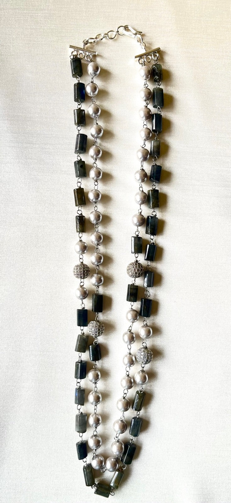 Jewel Treatzz Layered Necklace With Balck Agetes, Silver Pearls & Daimond Balls