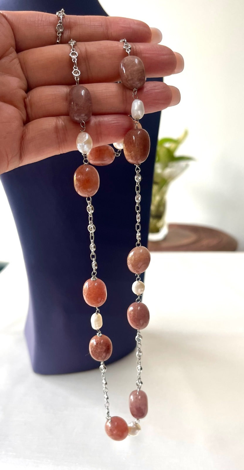 Jewel Treatzz natural Brown Aventurine Stone, Rhodium Finishes CZ Necklace