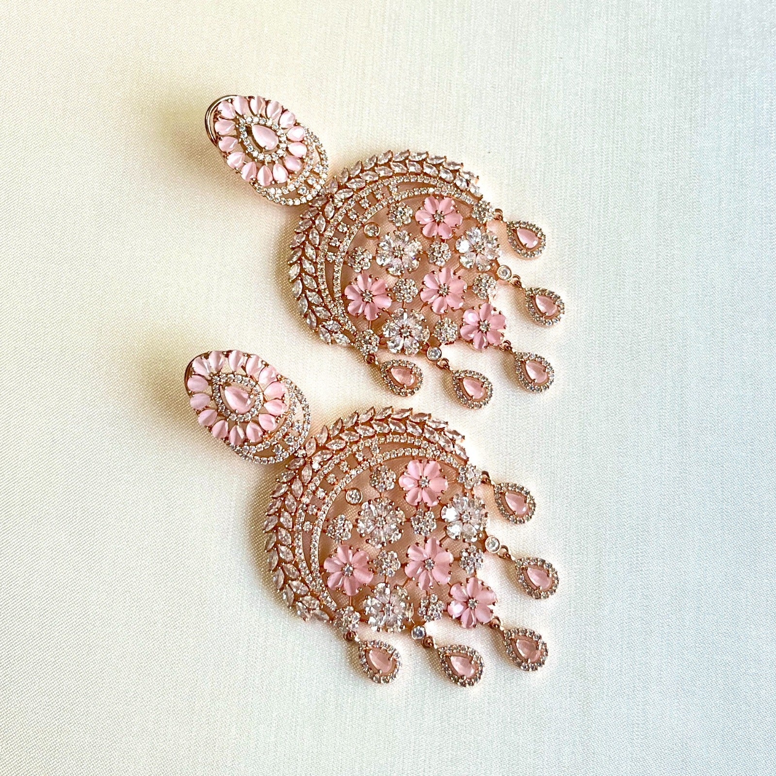 Jewel Treatzz Statement Chandelier Rose Gold Plated Earrings With Rose Quartz & CZ Stone