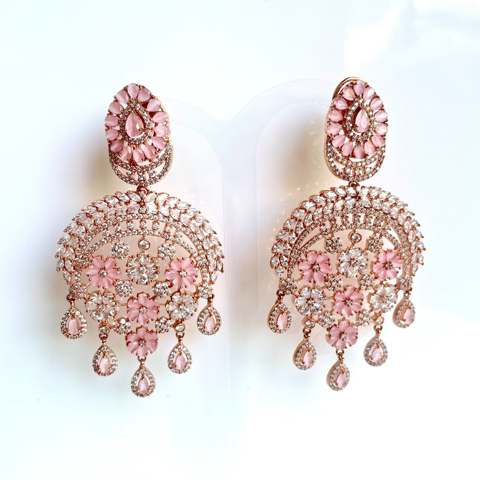 Jewel Treatzz Statement Chandelier Rose Gold Plated Earrings With Rose Quartz & CZ Stone
