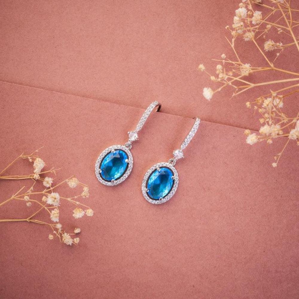 Jewel Treatzz Rhodium Plated, Pear Shaped Emerald Doublet Stone & Cubic Zirconia's Dangler Earrings