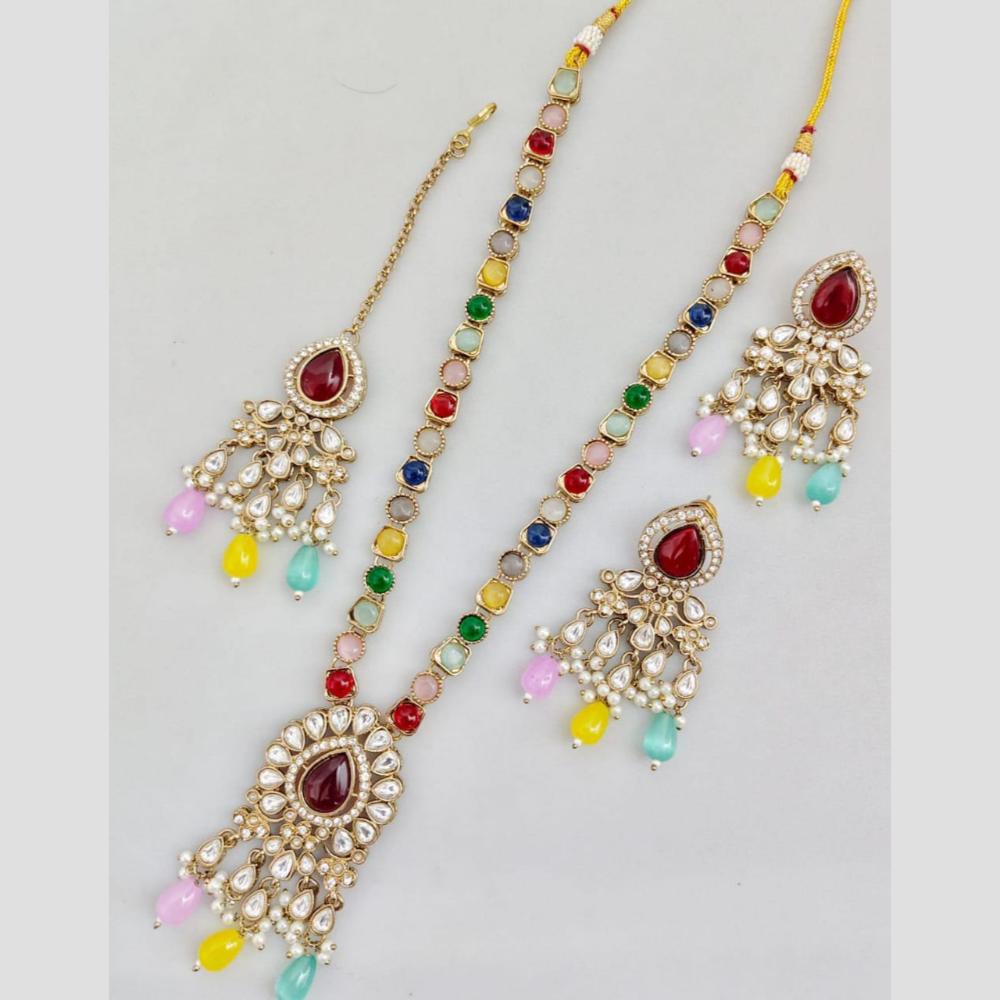 Rani Sati Jewels Gold Plated Pota Stone And Pearl Long Necklace Set