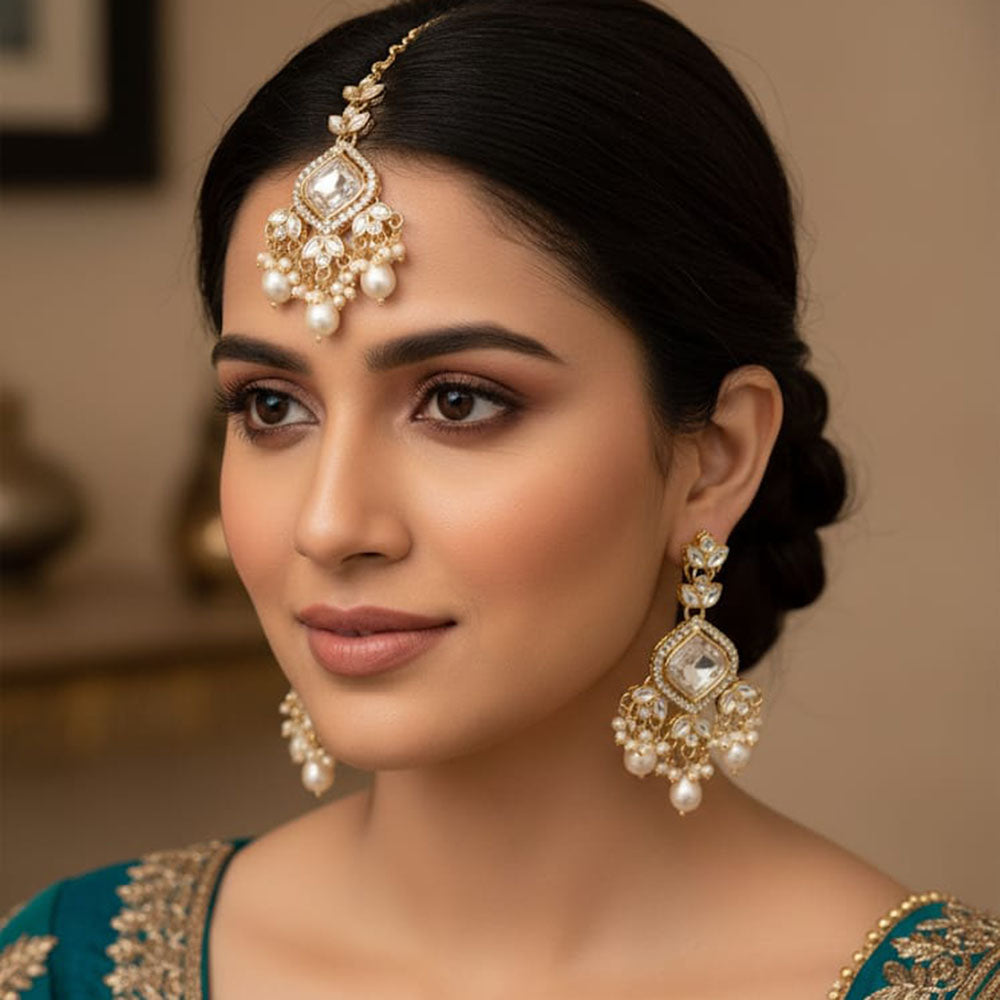 Naitika Arts Graceful Kundan Stone And Beads Dangler Earrings With Maangtikka