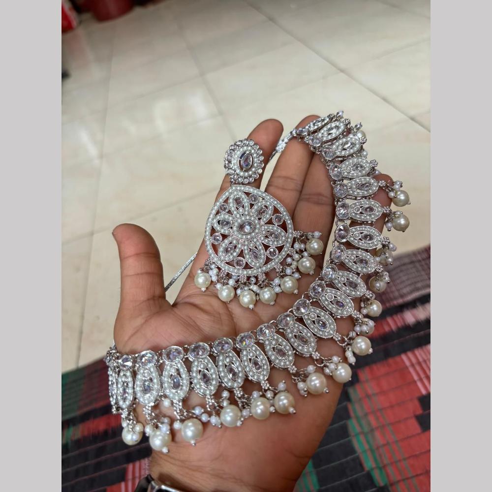 Shree Chamunda Jewellers Silver Plated Crystal Stone Beads And Pearls Necklace Set