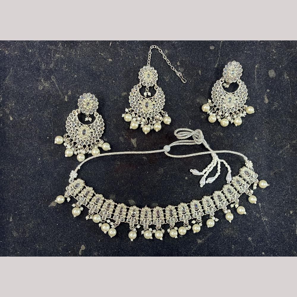 Shree Chamunda Jewellers Silver Plated Crystal Stone And Beads Necklace Set