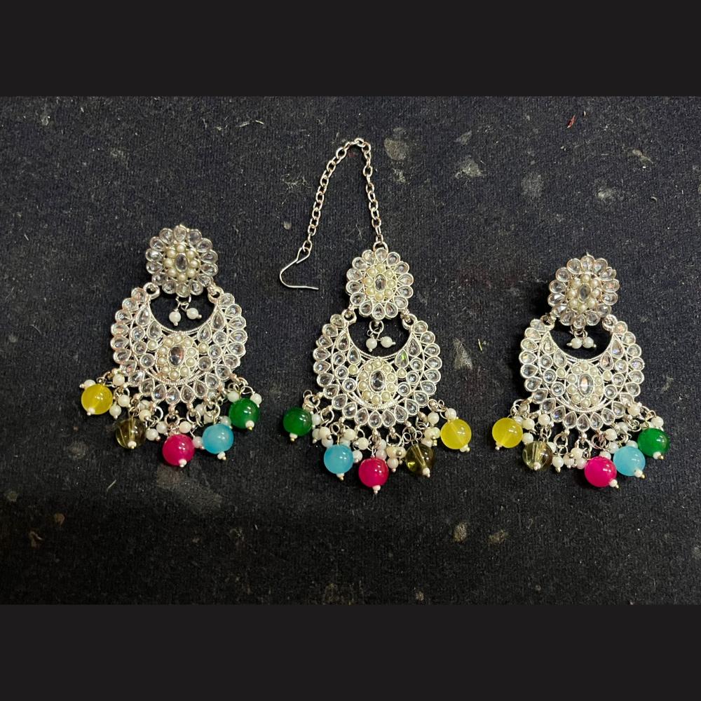 Shree Chamunda Jewellers Silver Plated Crystal Stone Dangler Earrings With Maangtikka