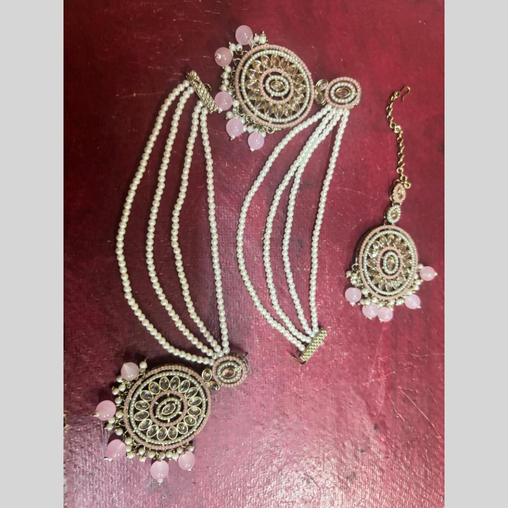 Shree Chamunda Jewellers Gold Plated Crystal Stone And Pearls Kanchain Earrings With Maangtikka