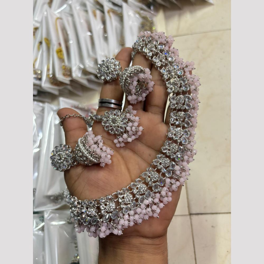 Shree Chamunda Jewellers Graceful Rhodium Plated Crystal And Pearl Necklace Set