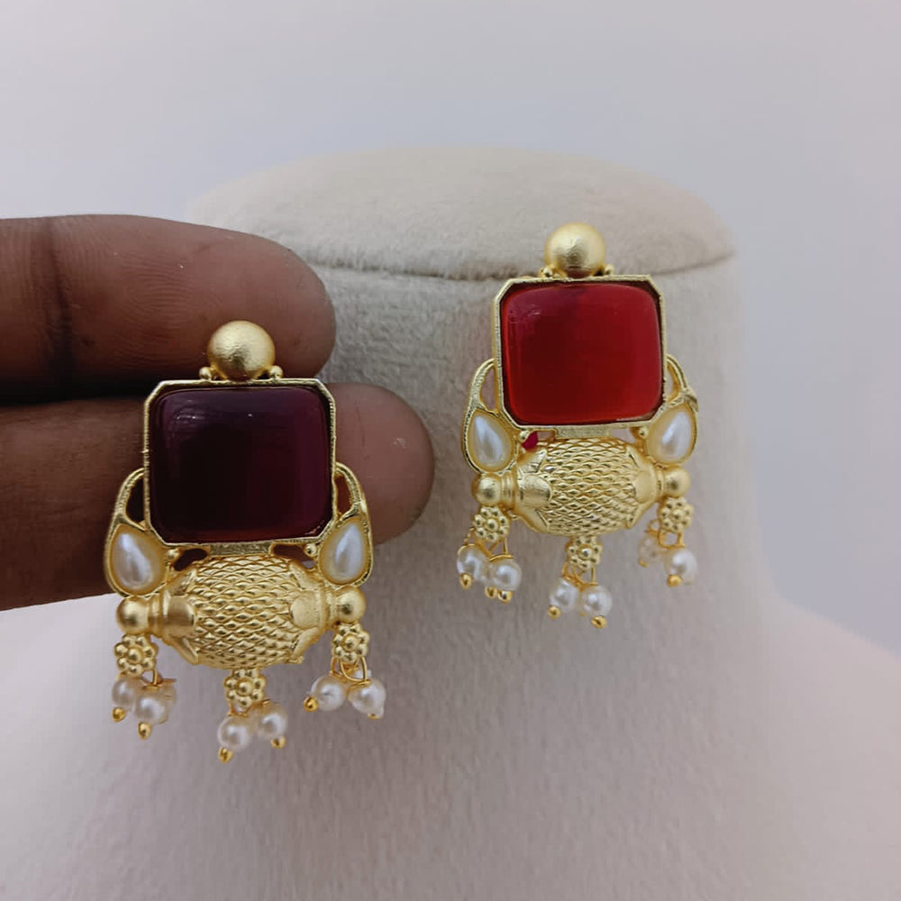 Marudhar Creations Gold Plated Matte Finish Pota Stone And Pearls Dangler Earrings