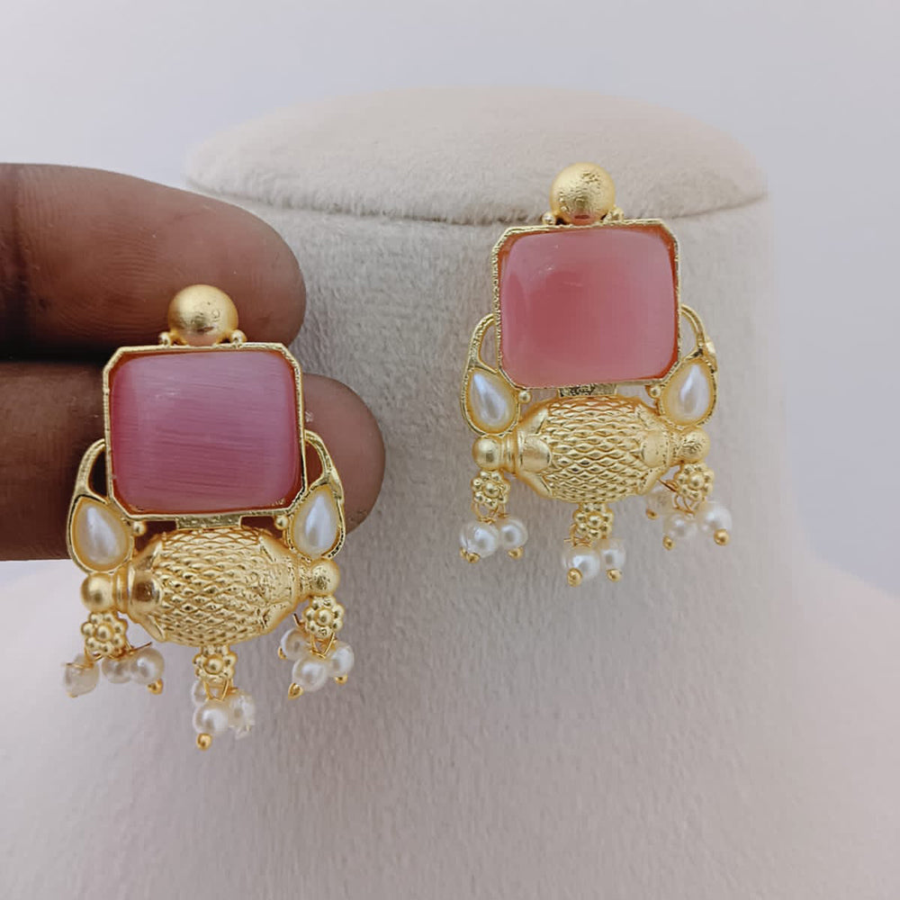 Marudhar Creations Gold Plated Matte Finish Pota Stone And Pearls Dangler Earrings