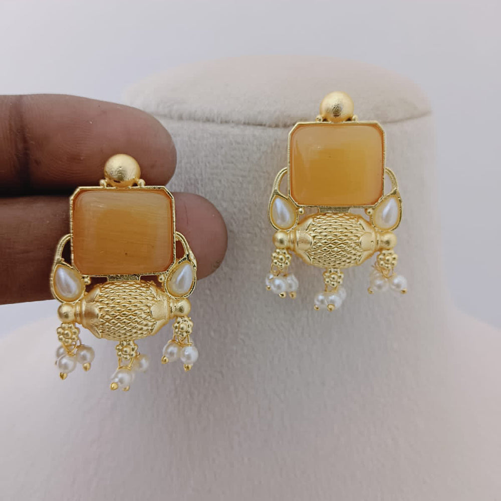 Marudhar Creations Gold Plated Matte Finish Pota Stone And Pearls Dangler Earrings
