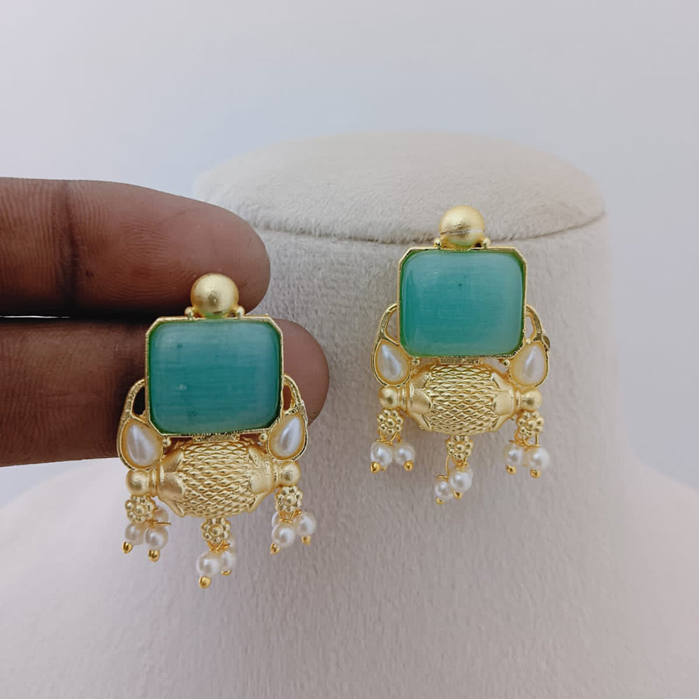 Marudhar Creations Gold Plated Matte Finish Pota Stone And Pearls Dangler Earrings
