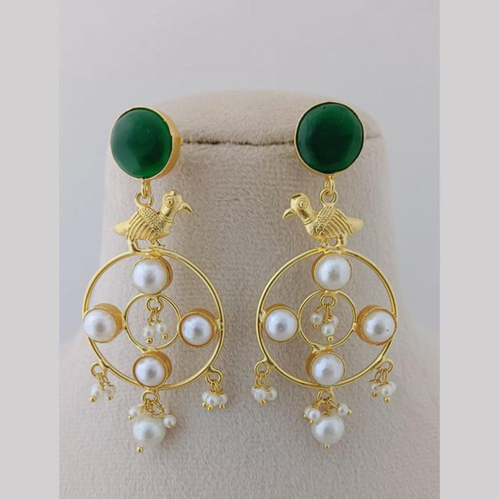Marudhar Creations Gold Plated Matte Finish Pota Stone And Pearls Dangler Earrings