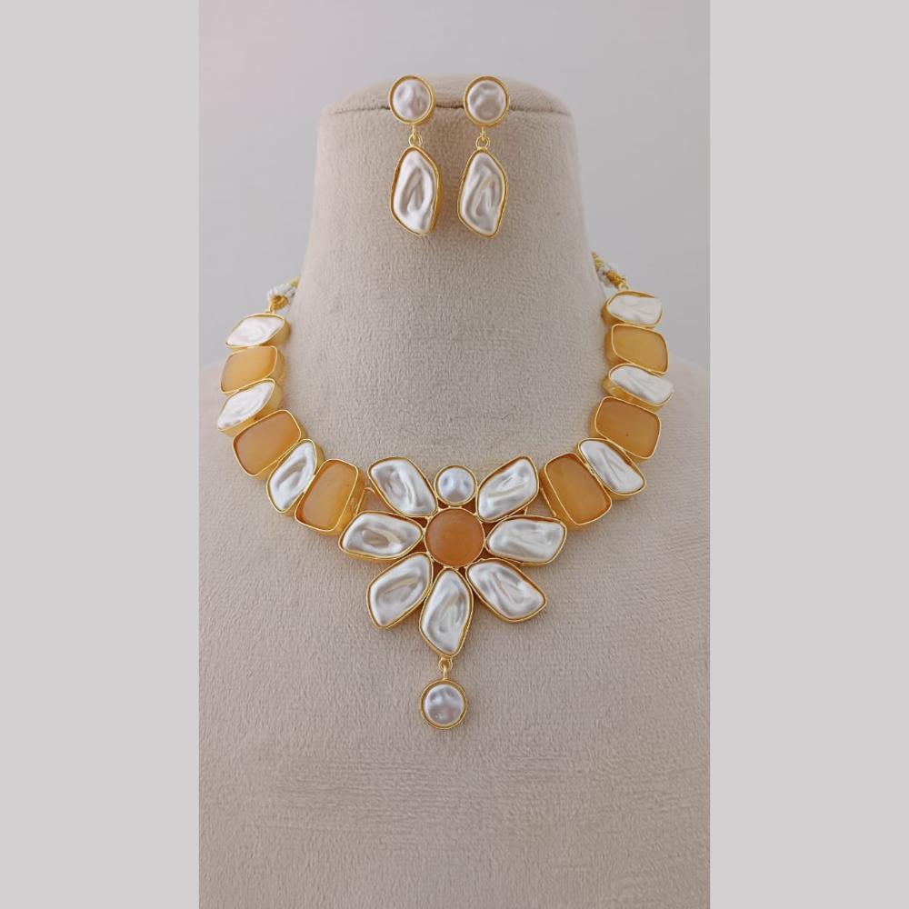 Marudhar Creations Gold Plated Matte Finish Pota Stone And Mother Of Pearls Necklace Set