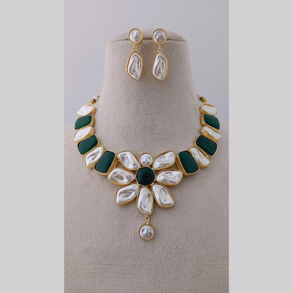 Marudhar Creations Gold Plated Matte Finish Pota Stone And Mother Of Pearls Necklace Set