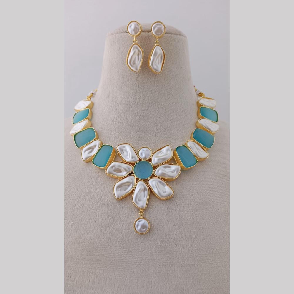 Marudhar Creations Gold Plated Matte Finish Pota Stone And Mother Of Pearls Necklace Set