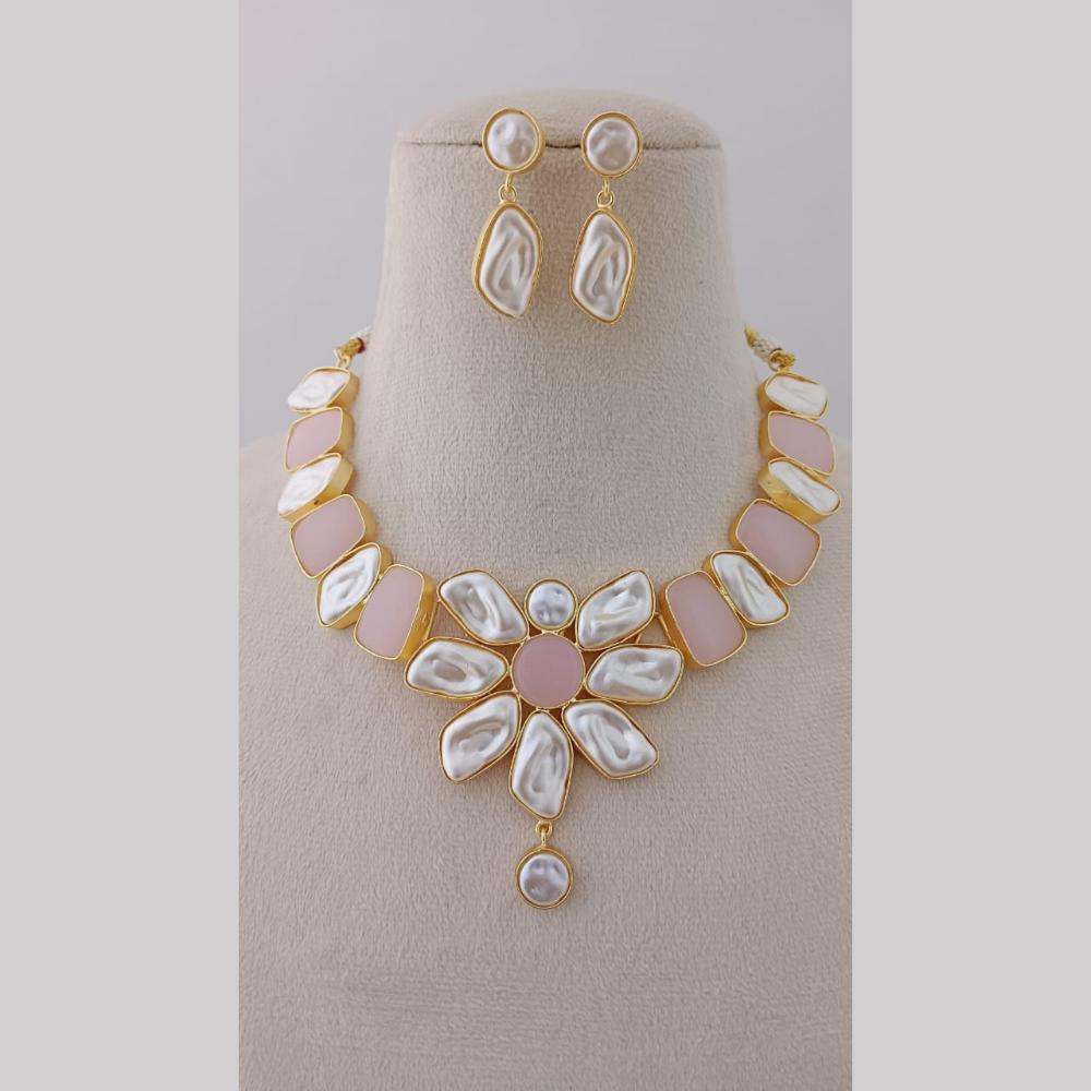 Marudhar Creations Gold Plated Matte Finish Pota Stone And Mother Of Pearls Necklace Set