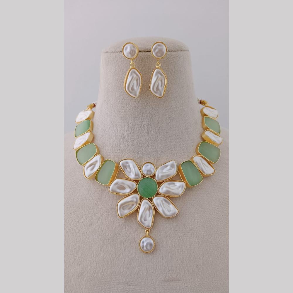 Marudhar Creations Gold Plated Matte Finish Pota Stone And Mother Of Pearls Necklace Set