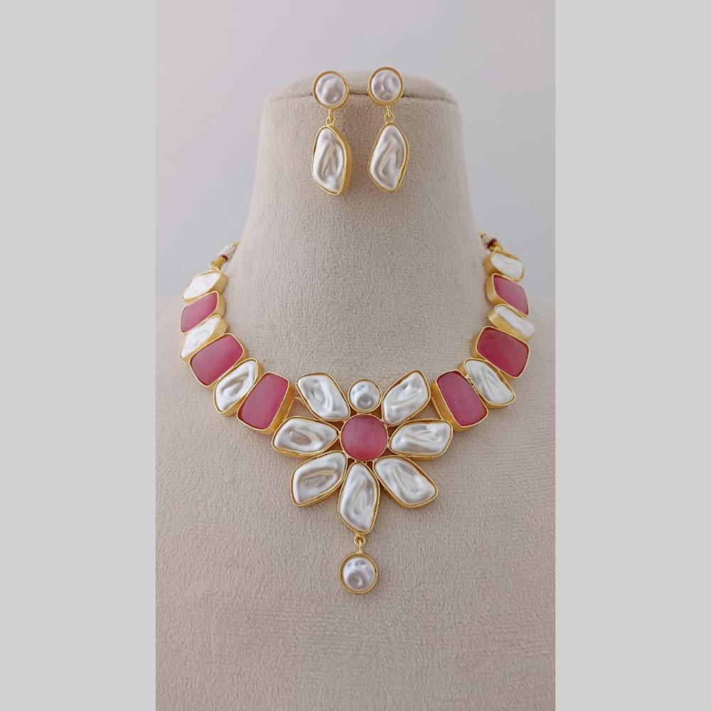 Marudhar Creations Gold Plated Matte Finish Pota Stone And Mother Of Pearls Necklace Set