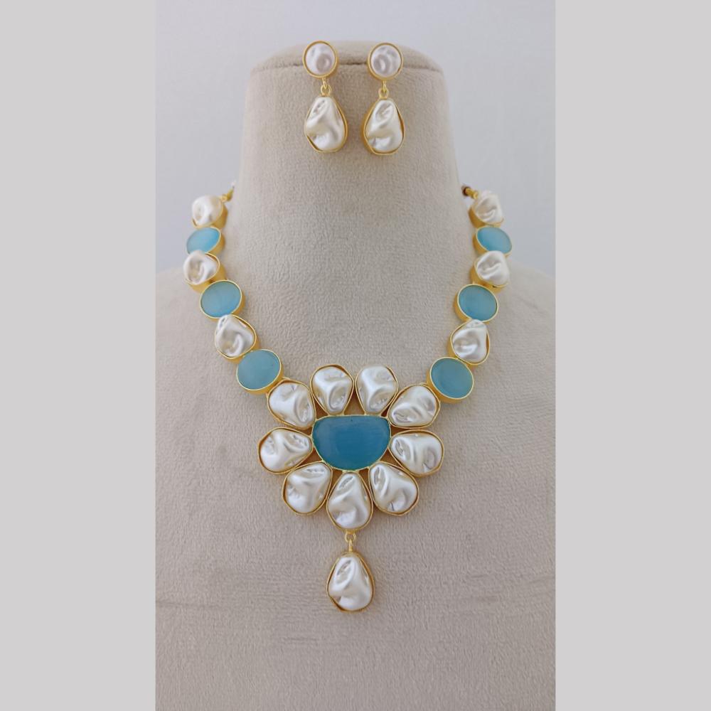Marudhar Creations Gold Plated Matte Finish Pota Stone And Mother Of Pearls Necklace Set