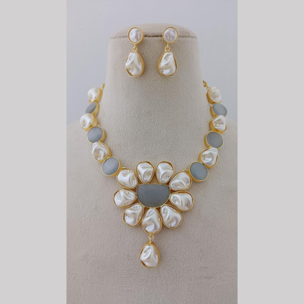 Marudhar Creations Gold Plated Matte Finish Pota Stone And Mother Of Pearls Necklace Set