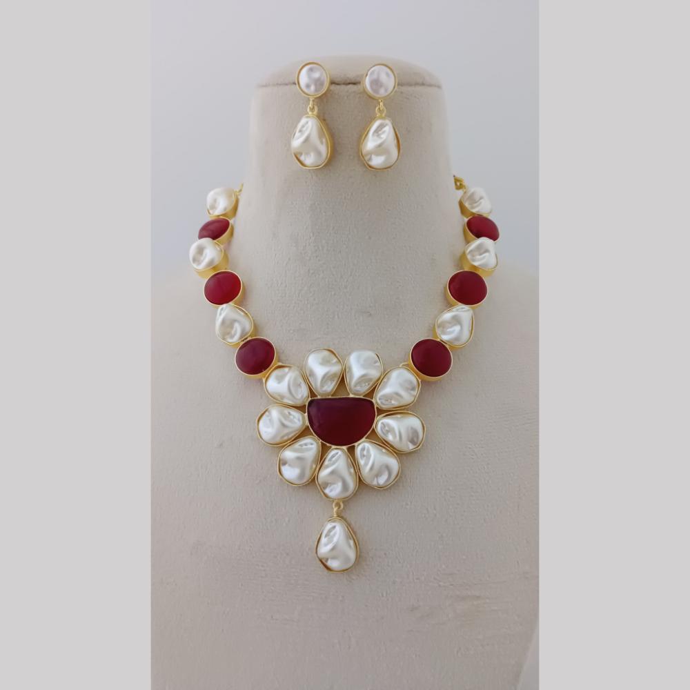 Marudhar Creations Gold Plated Matte Finish Pota Stone And Mother Of Pearls Necklace Set