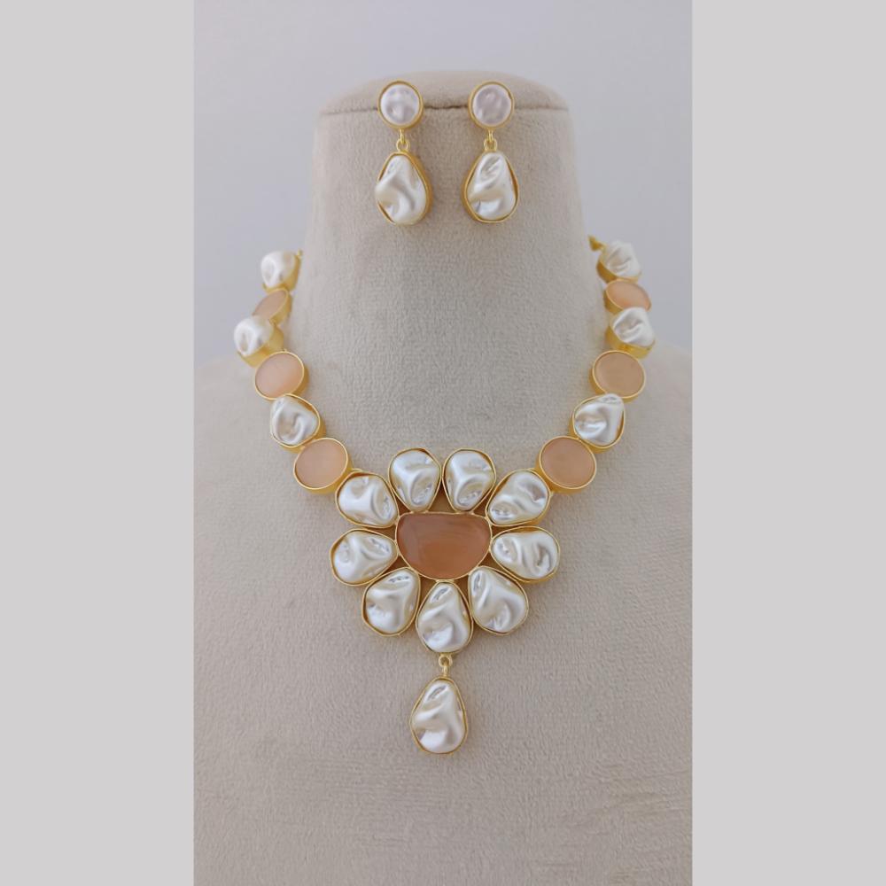 Marudhar Creations Gold Plated Matte Finish Pota Stone And Mother Of Pearls Necklace Set