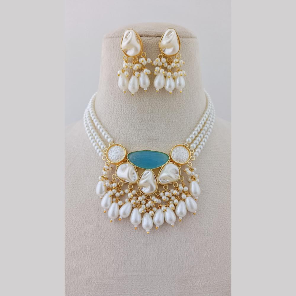 Marudhar Creations Gold Plated Matte Finish Pota Stone And Mother Of Pearls Choker Necklace Set