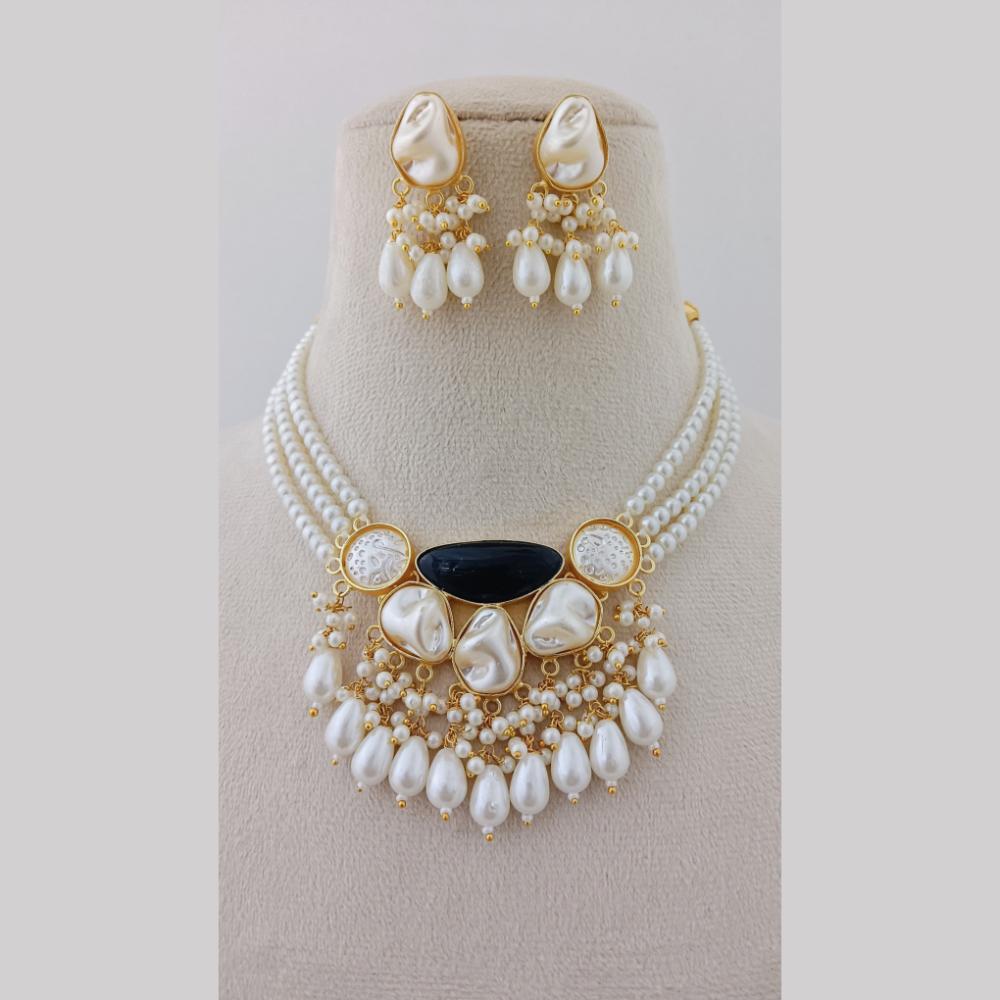 Marudhar Creations Gold Plated Matte Finish Pota Stone And Mother Of Pearls Choker Necklace Set