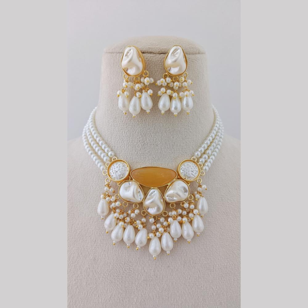 Marudhar Creations Gold Plated Matte Finish Pota Stone And Mother Of Pearls Choker Necklace Set