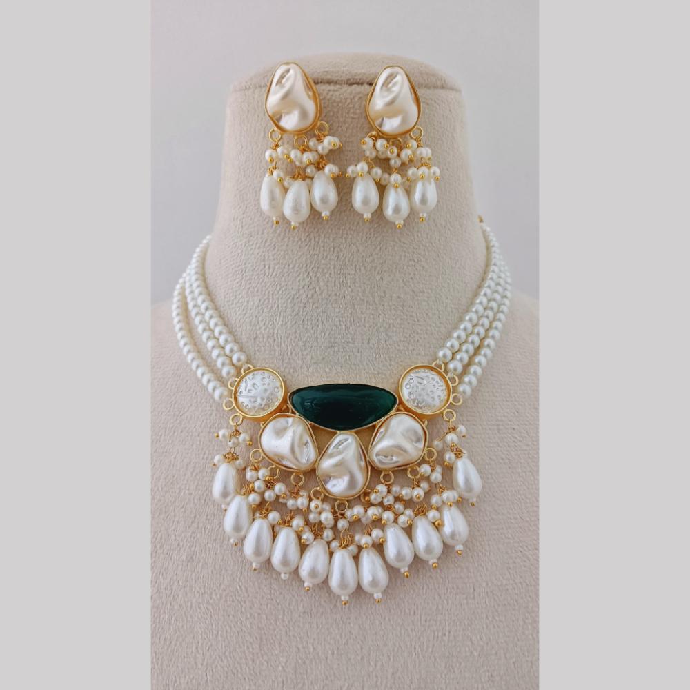 Marudhar Creations Gold Plated Matte Finish Pota Stone And Mother Of Pearls Choker Necklace Set