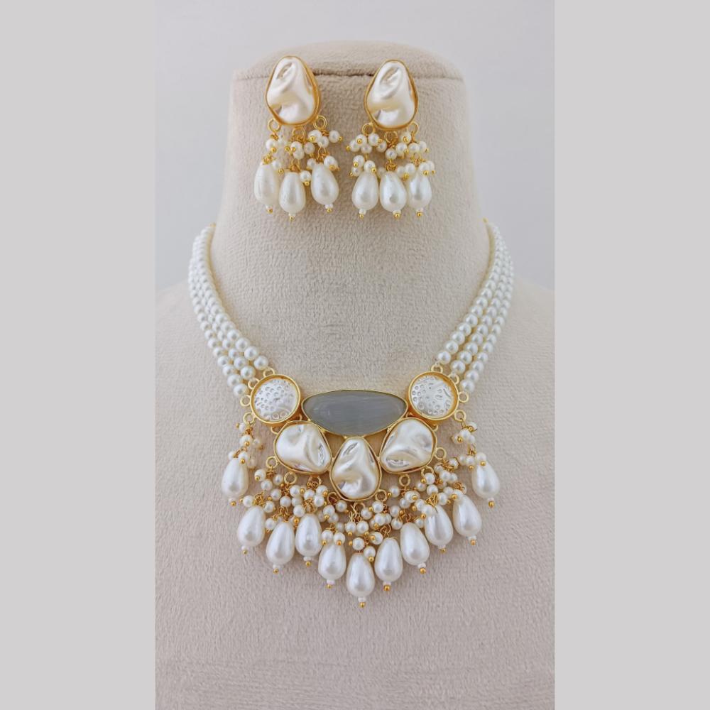 Marudhar Creations Gold Plated Matte Finish Pota Stone And Mother Of Pearls Choker Necklace Set