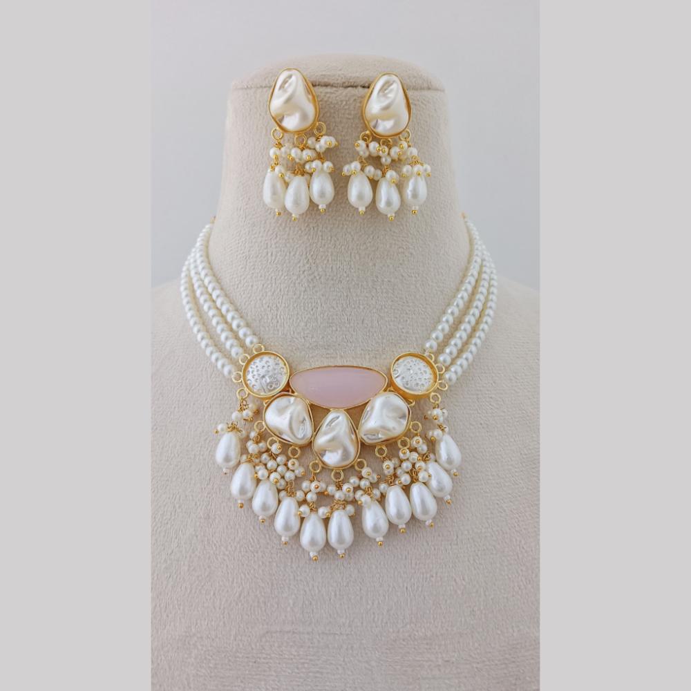 Marudhar Creations Gold Plated Matte Finish Pota Stone And Mother Of Pearls Choker Necklace Set