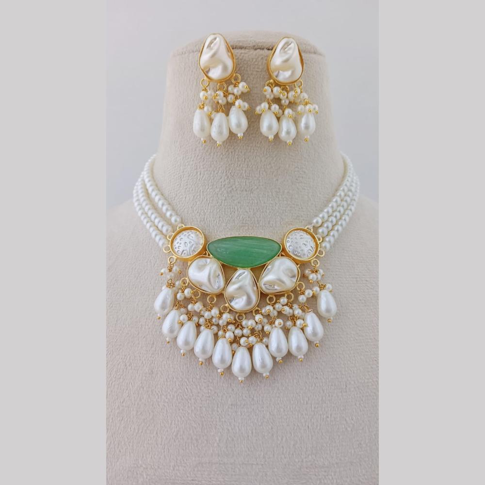 Marudhar Creations Gold Plated Matte Finish Pota Stone And Mother Of Pearls Choker Necklace Set