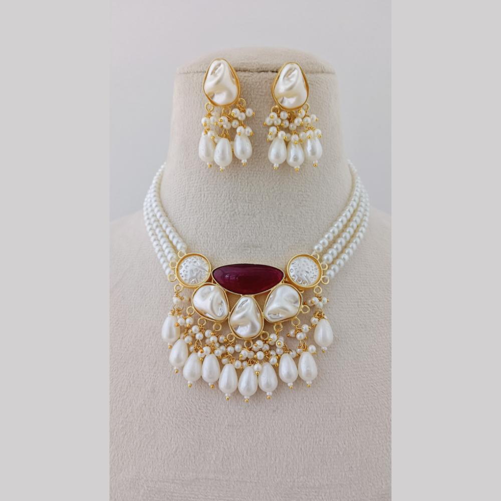 Marudhar Creations Gold Plated Matte Finish Pota Stone And Mother Of Pearls Choker Necklace Set