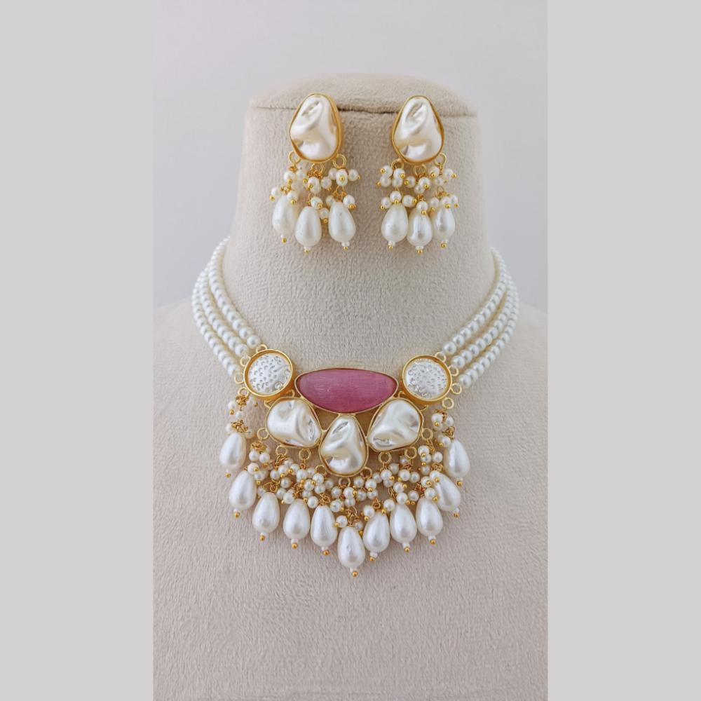 Marudhar Creations Gold Plated Matte Finish Pota Stone And Mother Of Pearls Choker Necklace Set