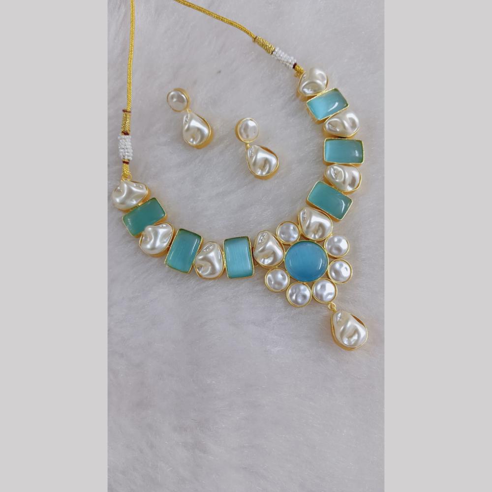 Marudhar Creations Gold Plated Matte Finish Pota Stone And Mother Of Pearls Necklace Set