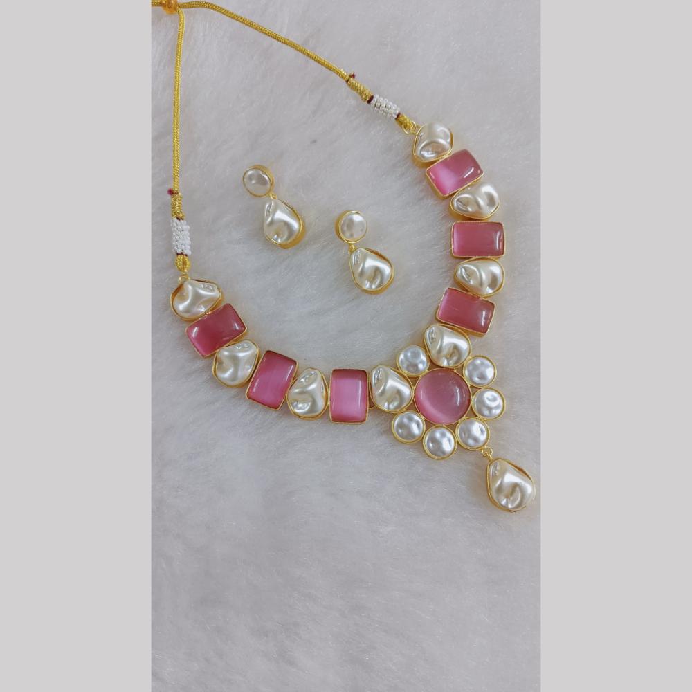 Marudhar Creations Gold Plated Matte Finish Pota Stone And Mother Of Pearls Necklace Set