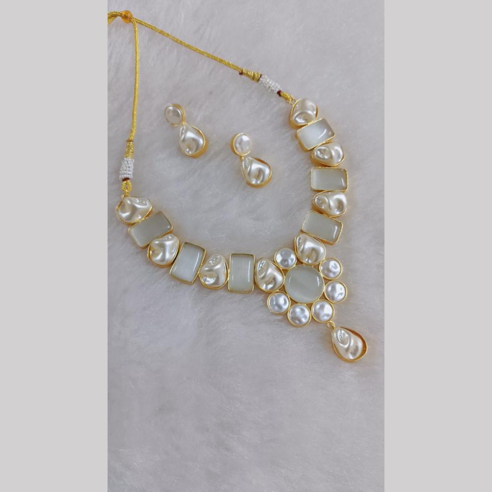 Marudhar Creations Gold Plated Matte Finish Pota Stone And Mother Of Pearls Necklace Set